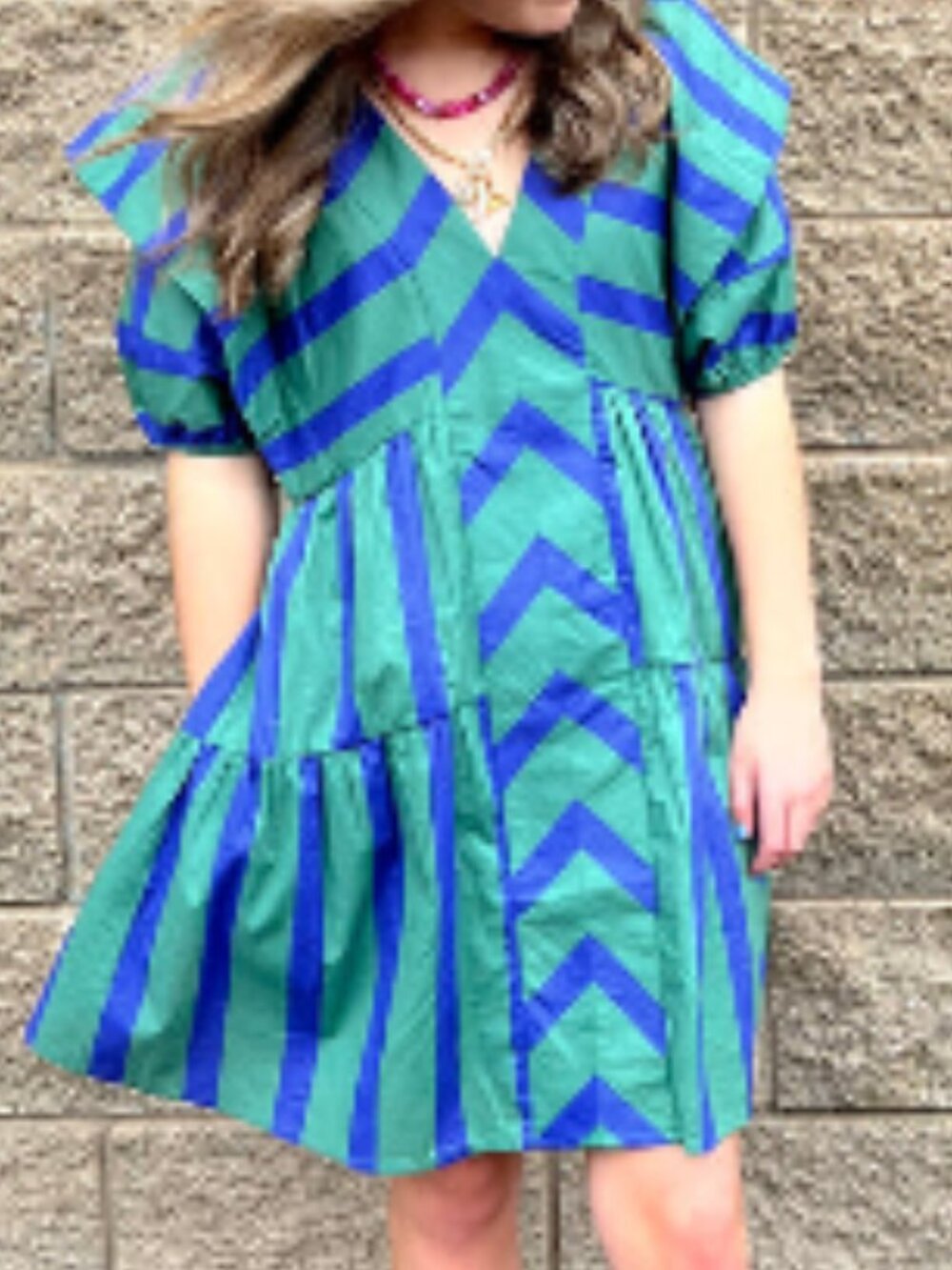 Entro Green Blue Striped Puff Sleeve Dress - M
